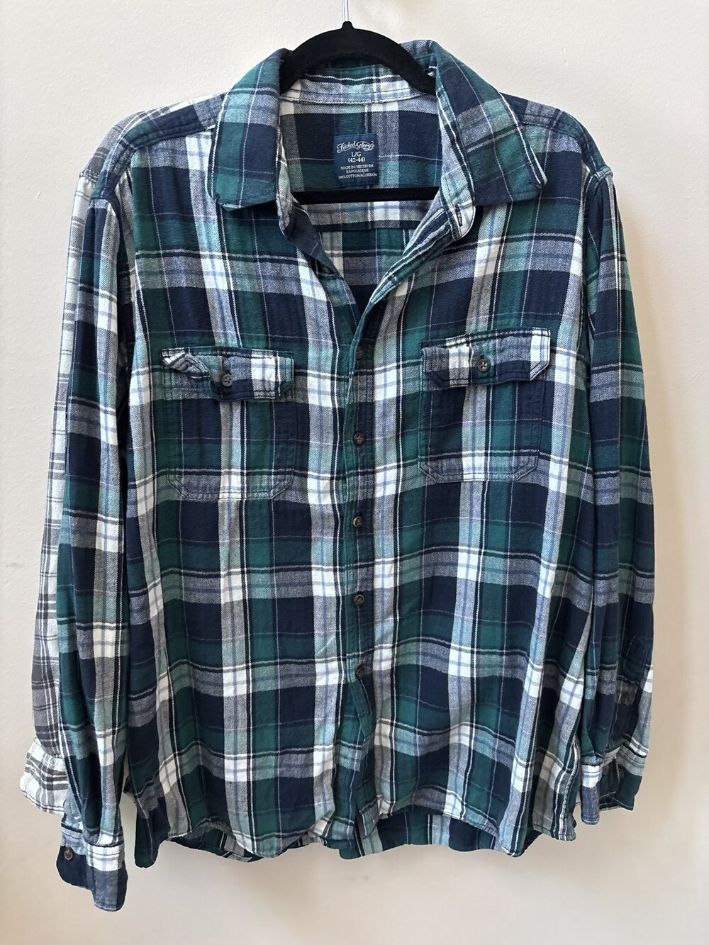 Faded Glory Teal Navy Plaid Flannel Shirt Size Large 14-16